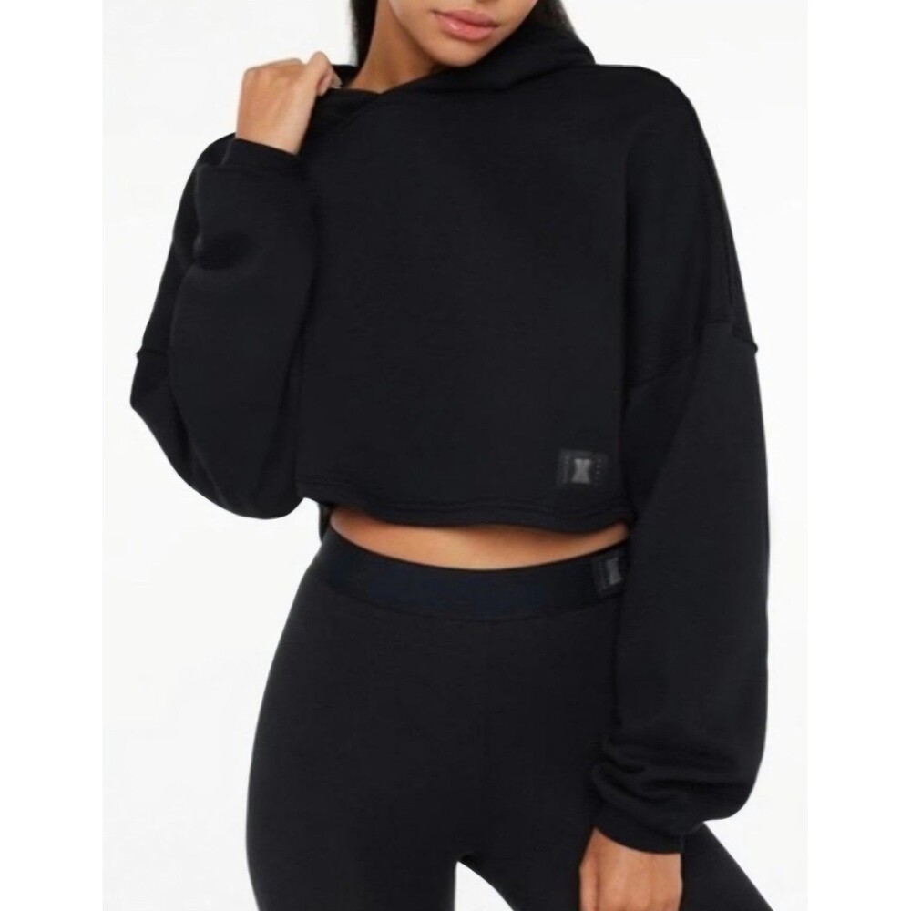 NWTs Savage X Fenty Essential Cropped Hoodie Black L Boxy Athleisure Rihanna